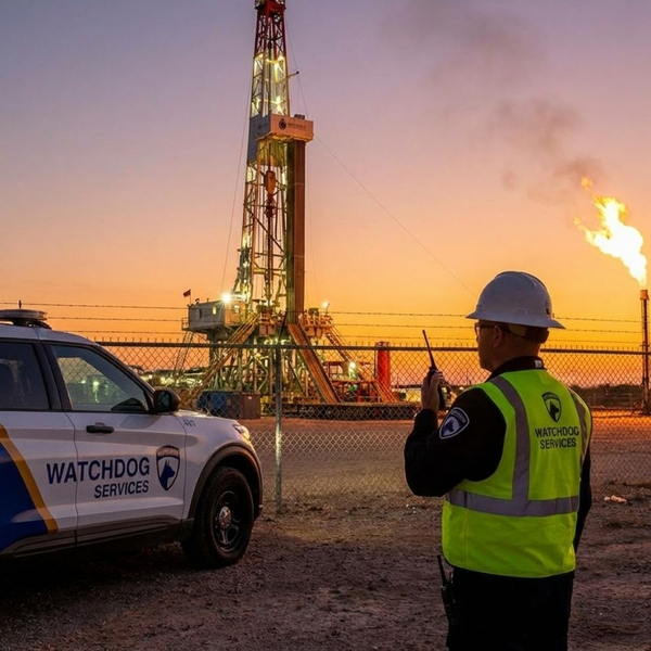 A Watchdog Services security guard with a high-visibility vest and hard hat communicates on a two-way radio near a company vehicle at an active oil drilling rig during sunset. A Watchdog Services security guard with a high-visibility vest and hard hat communicates on a two-way radio near a company vehicle at an active oil drilling rig during sunset.