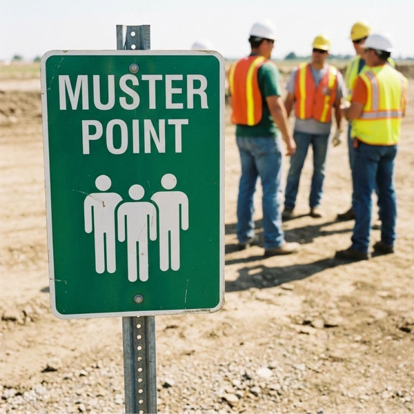 A photograph of a generic green "Muster Point" safety sign at an industrial site with workers gathered in the background.