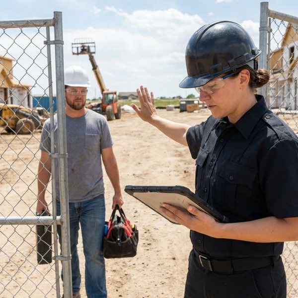 A security guard at a construction site gate checks a worker's credentials using a digital tablet to control access.