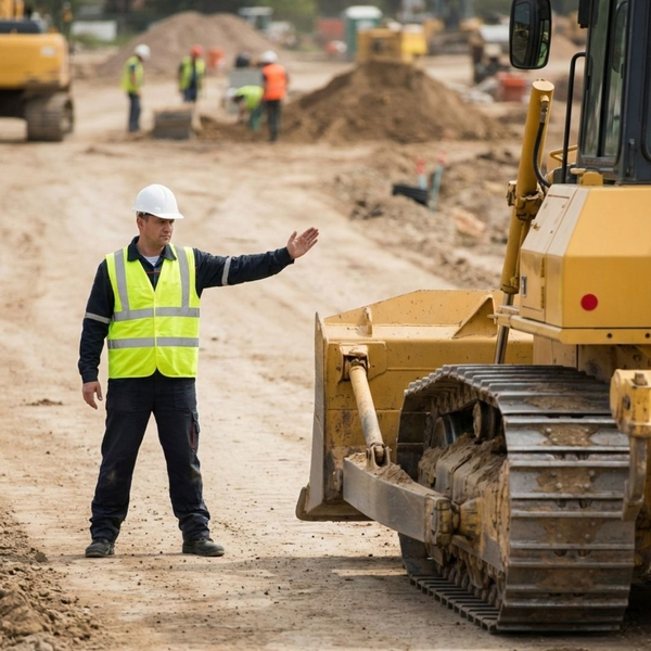 A security guard in safety gear uses a hand signal to stop a large bulldozer on an active construction site. A security guard in safety gear uses a hand signal to stop a large bulldozer on an active construction site.