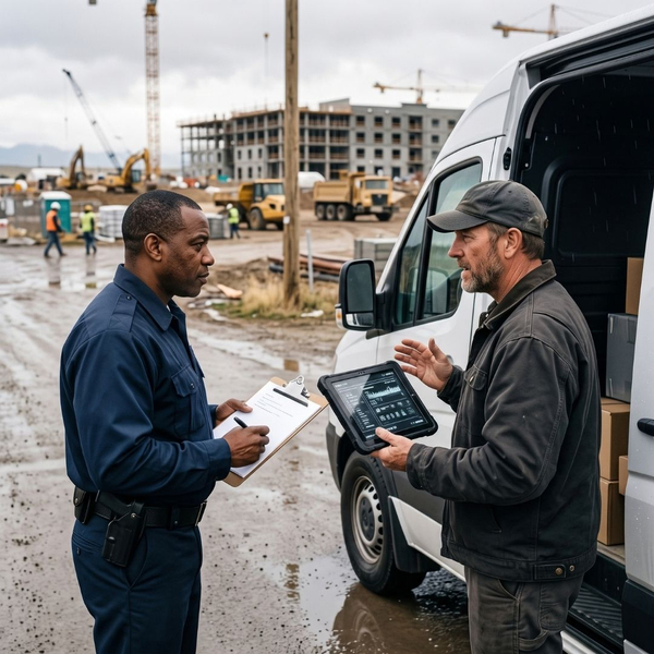 Guard verifying inventory with a delivery driver. Guard verifying inventory with a delivery driver.