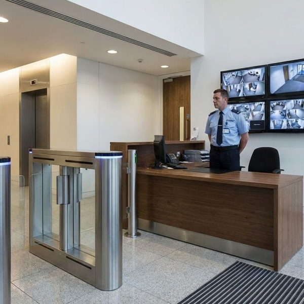 A uniformed security guard stands at a reception desk in a modern building lobby, monitoring security camera feeds on a wall of screens with a turnstile nearby. A uniformed security guard stands at a reception desk in a modern building lobby, monitoring security camera feeds on a wall of screens with a turnstile nearby.