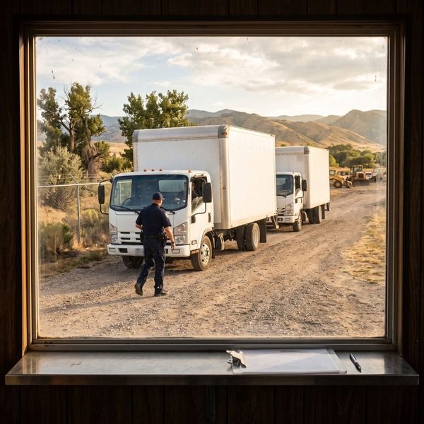 Orderly queue of delivery trucks at site entrance. Orderly queue of delivery trucks at site entrance.