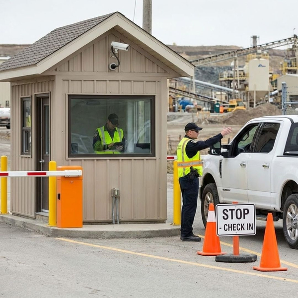 A security guard in a high-visibility vest signals for a white pickup truck to stop at a security gatehouse at the entrance of an industrial site. A security guard in a high-visibility vest signals for a white pickup truck to stop at a security gatehouse at the entrance of an industrial site.