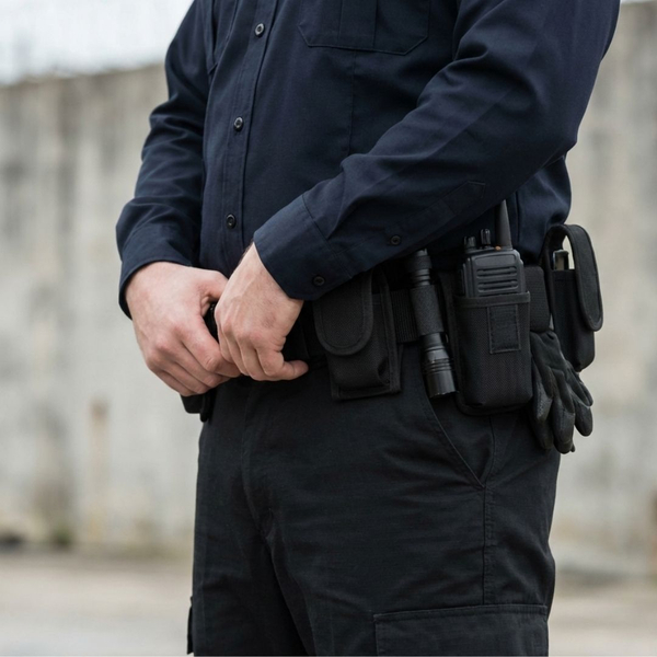 A close-up view of a security guard's plain uniform and utility belt, emphasizing professional attire and readiness.