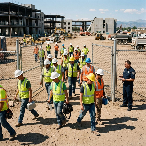 Group of trade workers walking through site gate. Group of trade workers walking through site gate.