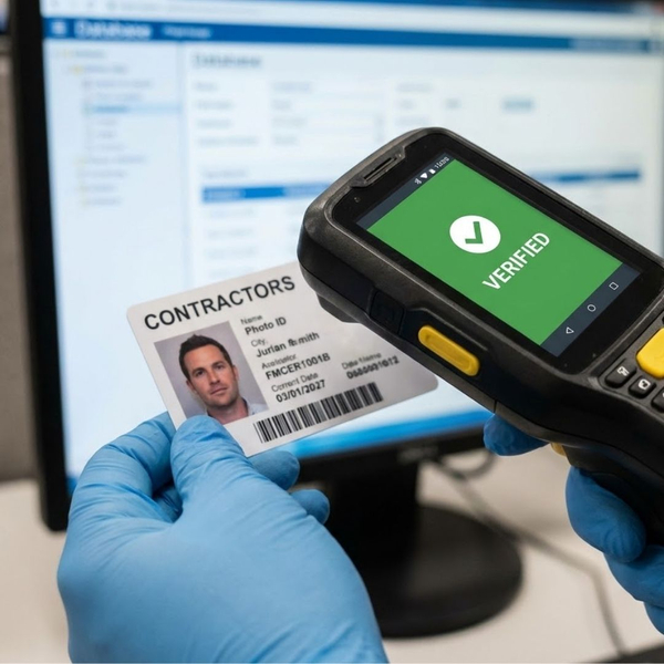 A close-up of a handheld digital scanner showing a green "VERIFIED" screen next to a contractor's photo ID card A close-up of a handheld digital scanner showing a green "VERIFIED" screen next to a contractor's photo ID card