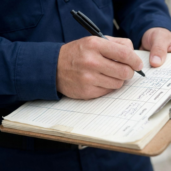 A close-up view of a security guard's hands manually recording vehicle details into a paper logbook. A close-up view of a security guard's hands manually recording vehicle details into a paper logbook.