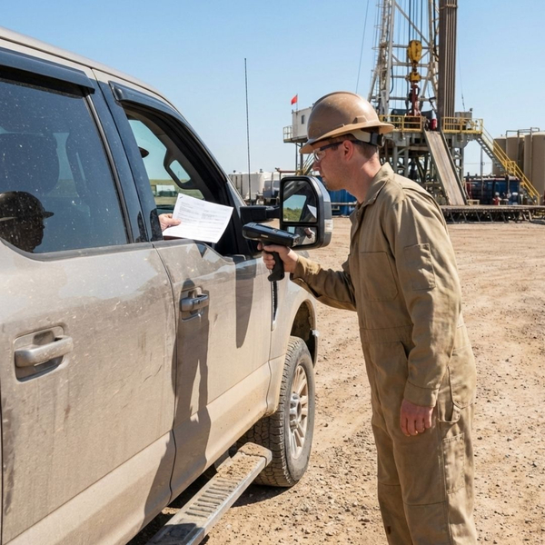 A security guard uses a handheld scanner to process a delivery at the entrance of a remote oil drilling site. A security guard uses a handheld scanner to process a delivery at the entrance of a remote oil drilling site.
