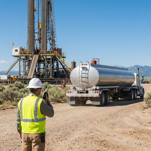 A security guard on an active oil drilling site uses a two-way radio while monitoring a passing tanker truck. A security guard on an active oil drilling site uses a two-way radio while monitoring a passing tanker truck.