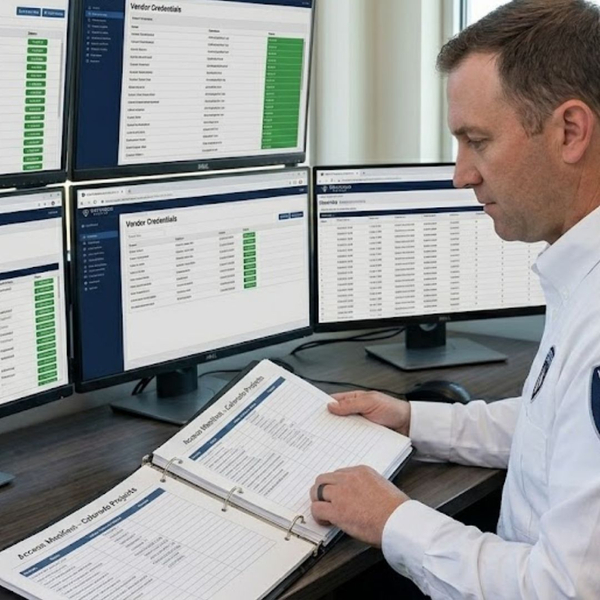 man looking through vendor log at computers
