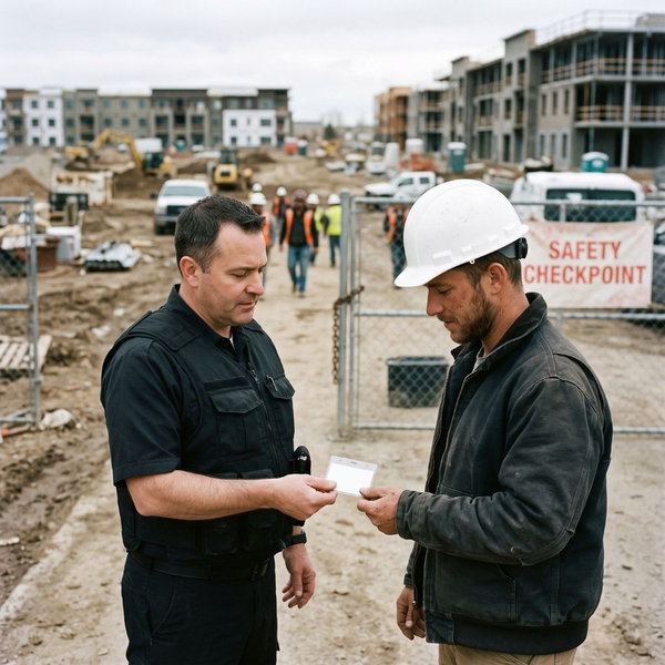 Guard handing site access credential to contractor. Guard handing site access credential to contractor.