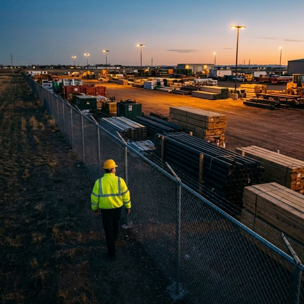 A security guard in high-visibility gear patrols the perimeter fence of an industrial storage yard at dusk.