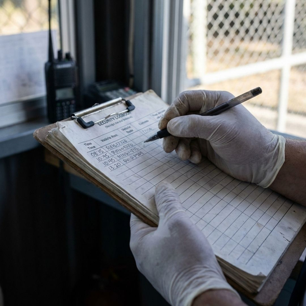 A close-up view of a security guard's hands meticulously writing vehicle entry details into a paper logbook. A close-up view of a security guard's hands meticulously writing vehicle entry details into a paper logbook.