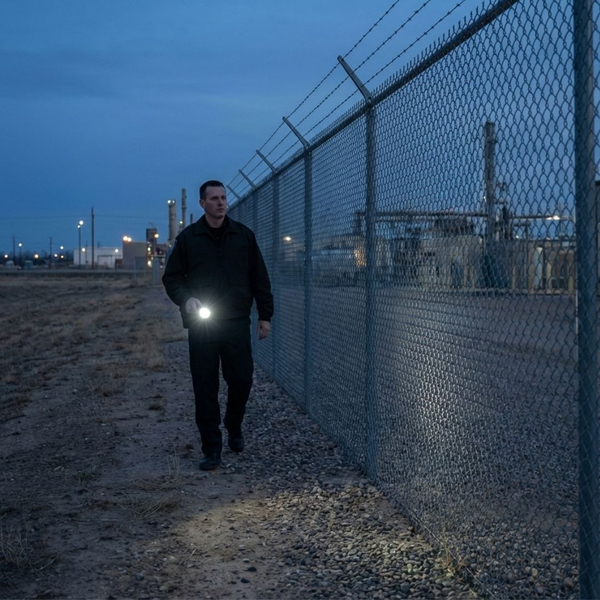 A security guard uses a flashlight to inspect a perimeter fence line at an industrial site during twilight.