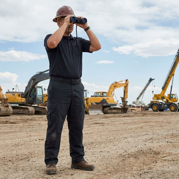 A security guard actively patrols a construction site during the day, scanning the horizon with binoculars.
