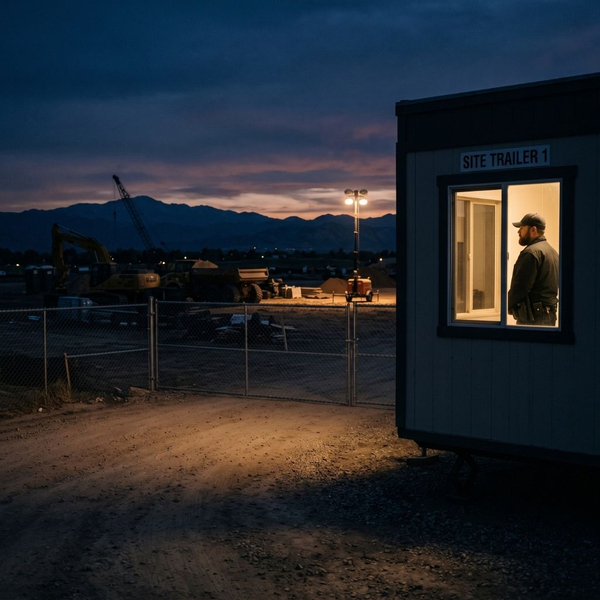 Night shift guard monitoring jobsite entrance. Night shift guard monitoring jobsite entrance.