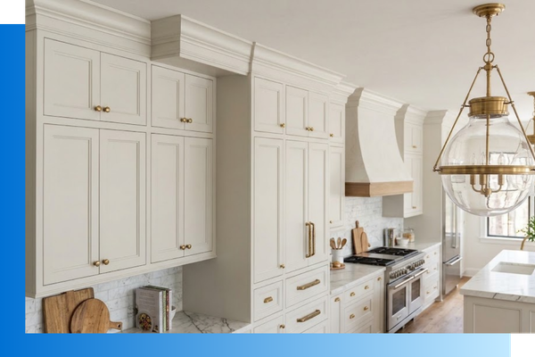 premium interior details: custom crown molding, artisanal brushed brass hardware on bespoke kitchen cabinets
