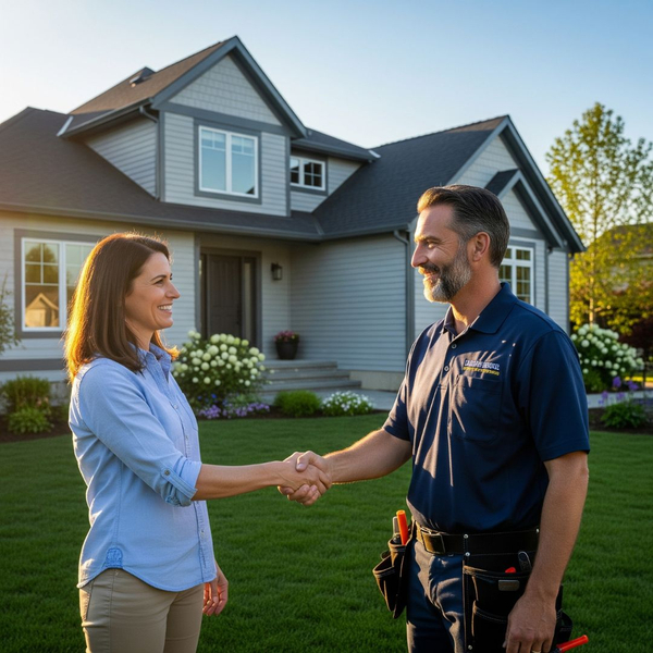 A homeowner shaking hands with one of several home remodeling contractor