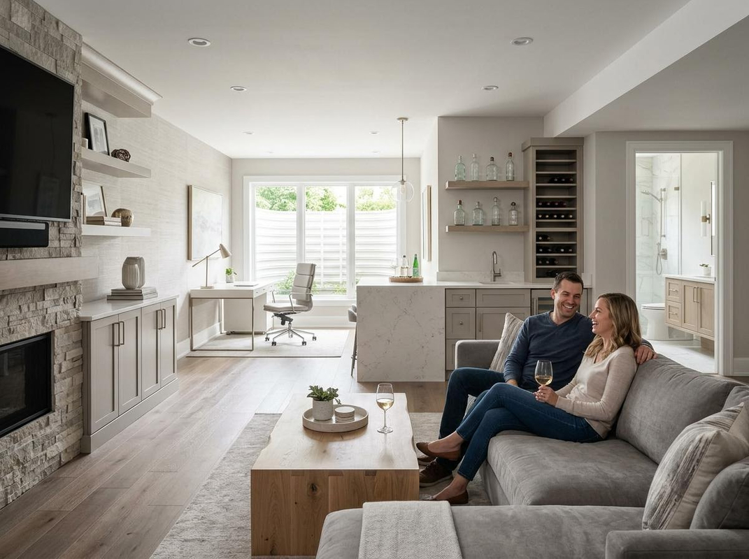 A happy couple relaxes on a gray sofa in a modern, open-concept basement with a fireplace, home office, wet bar, and a bathroom visible. Modern Basement Living Room with Home Office and Wet Bar