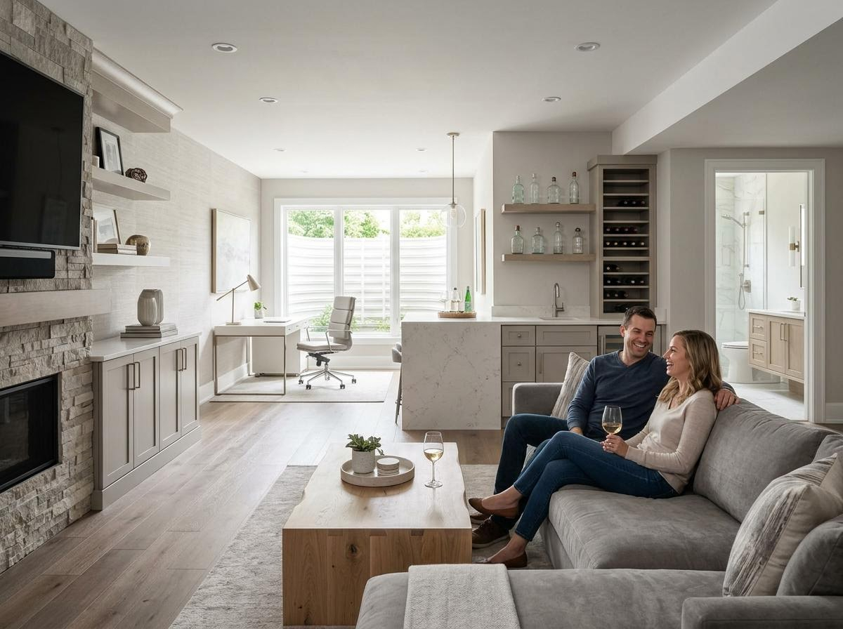 Modern Basement Living Room with Home Office and Wet Bar