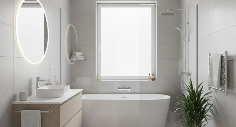 Modern, clean bathroom with natural light