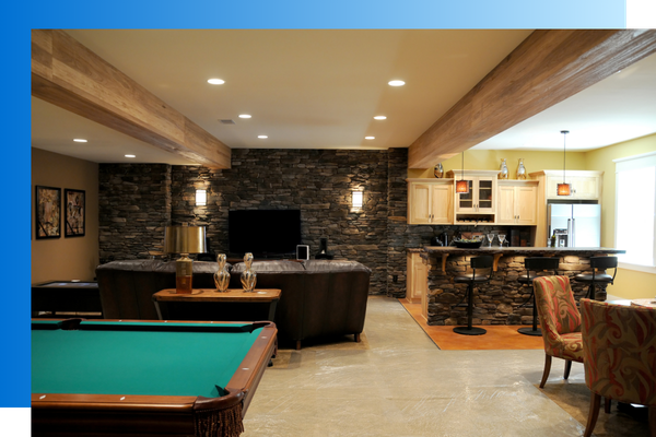 A finished basement and game room.