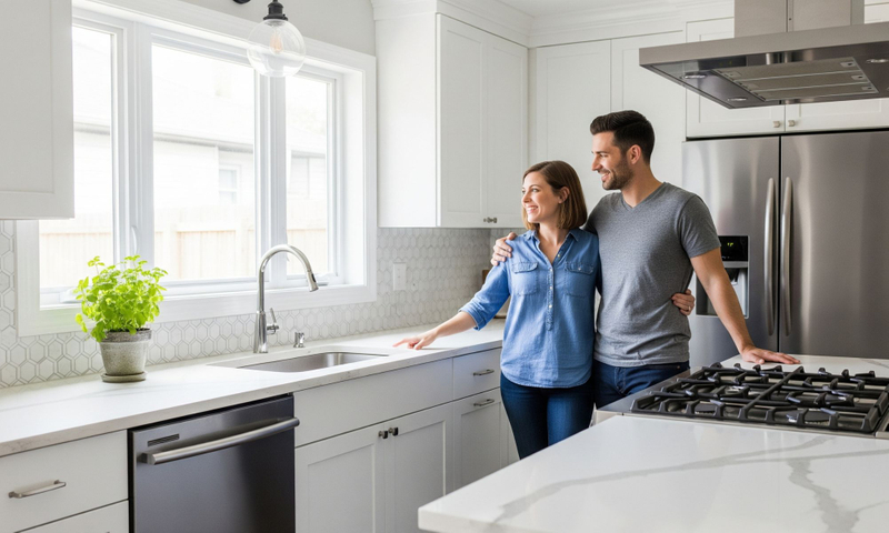 A newly renovated modern kitchen with white cabinets and a marble island