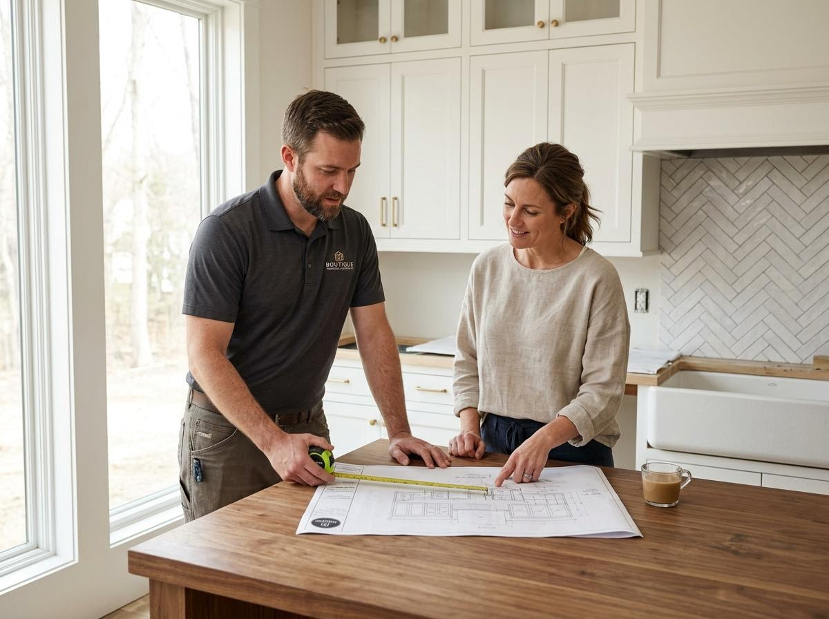 Man and Woman Discussing Kitchen Renovation Blueprints