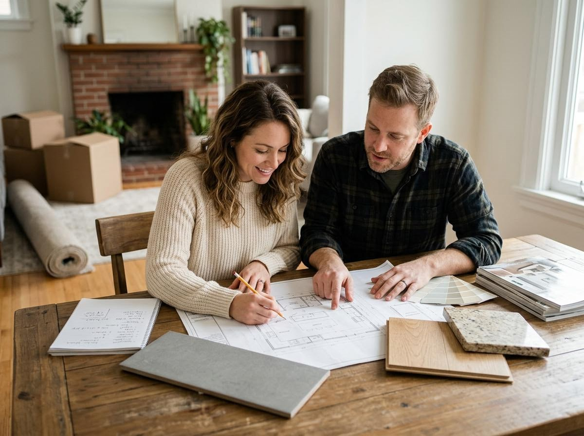 Couple Planning Home Renovation with Blueprints and Material Samples