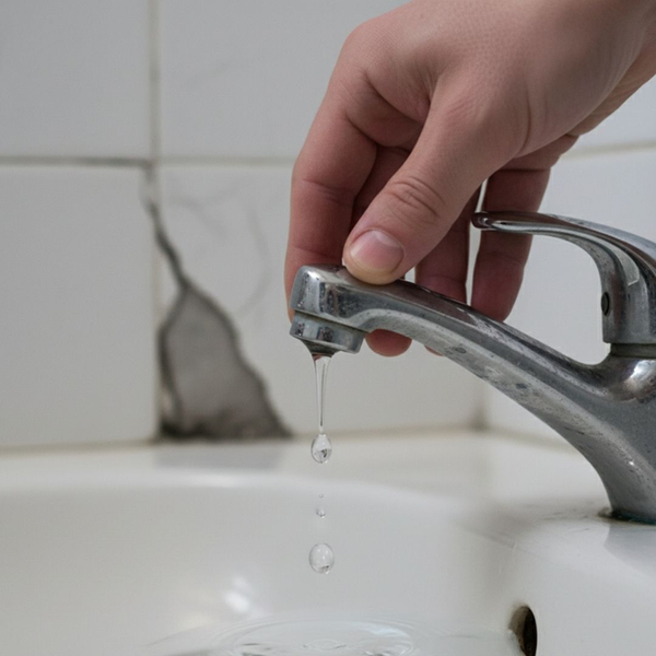 Hand reaching for a dripping faucet, close-up