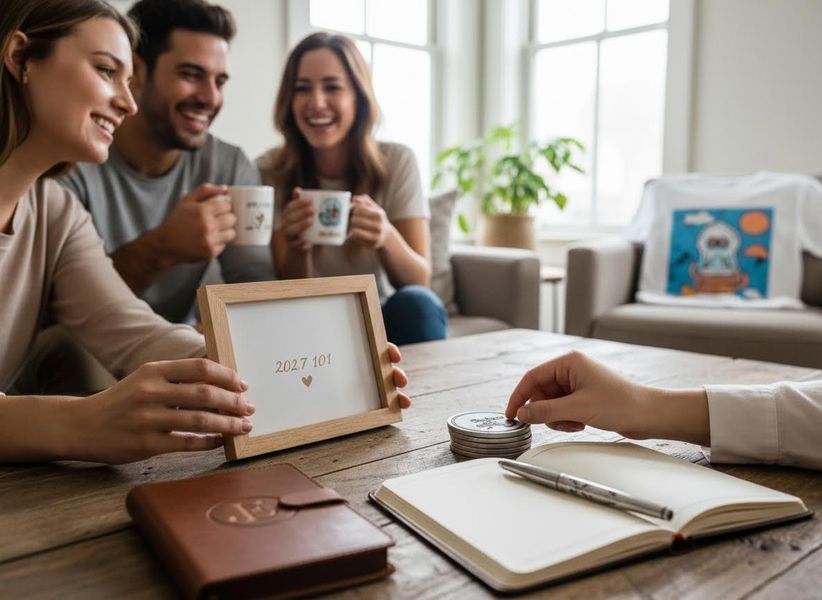 Three friends are smiling and holding mugs around a wooden table. One person holds a framed picture with '2027 101' and a heart. Friends gathered around a table with a framed picture and mugs