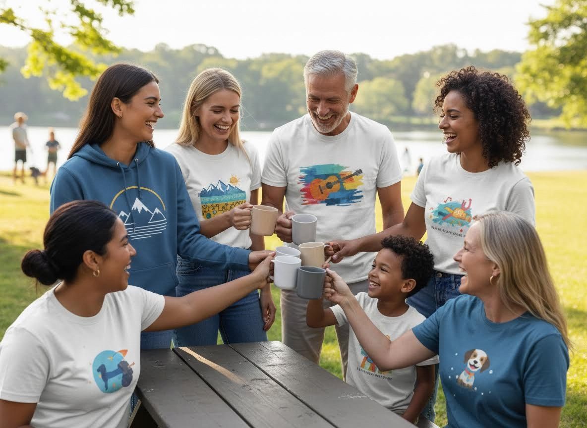 Happy diverse group toasting mugs at an outdoor picnic