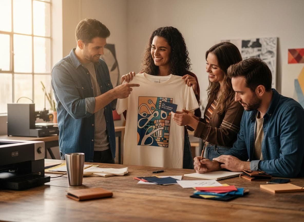 Design team reviewing custom t-shirt print