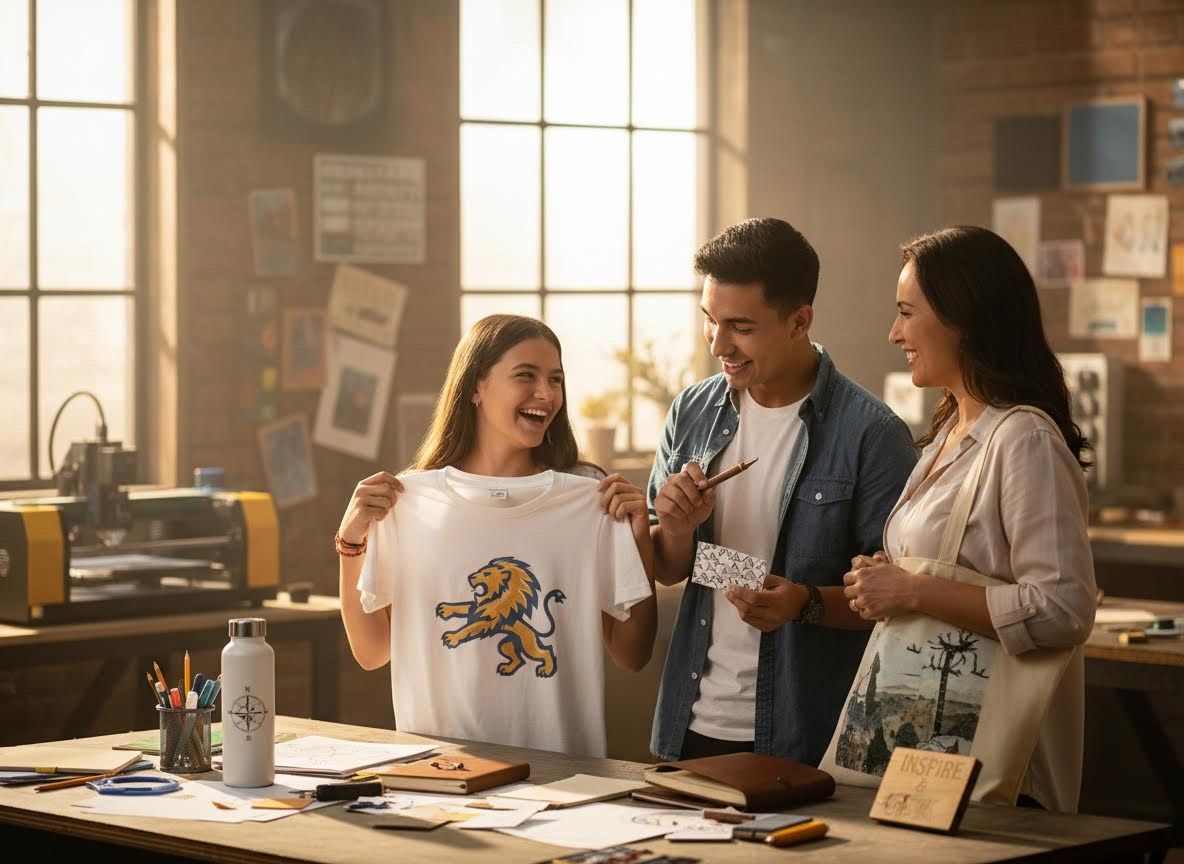 People admiring a custom-printed lion t-shirt in a workshop