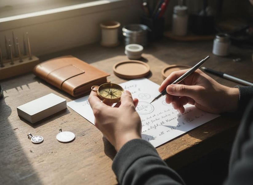 Hands holding a brass compass and writing on paper with a pen at a sunlit wooden desk, with a leather notebook and tools nearby. Close-up of a person writing and holding a compass at a wooden desk