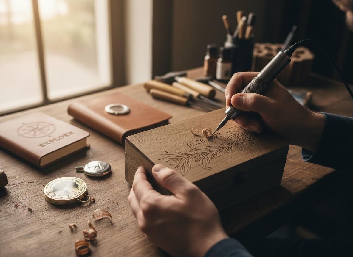 Artisan Engraving a Personalized Wooden Keepsake Box