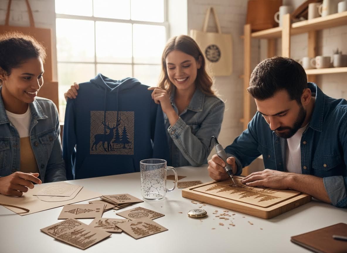 Friends Crafting Custom Designs: Wood Engraving and Apparel