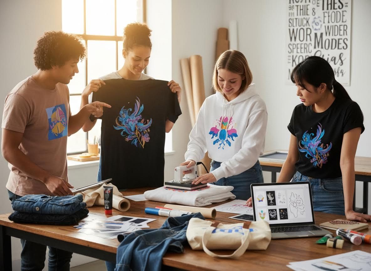 Diverse group of friends designing and creating custom apparel in a studio
