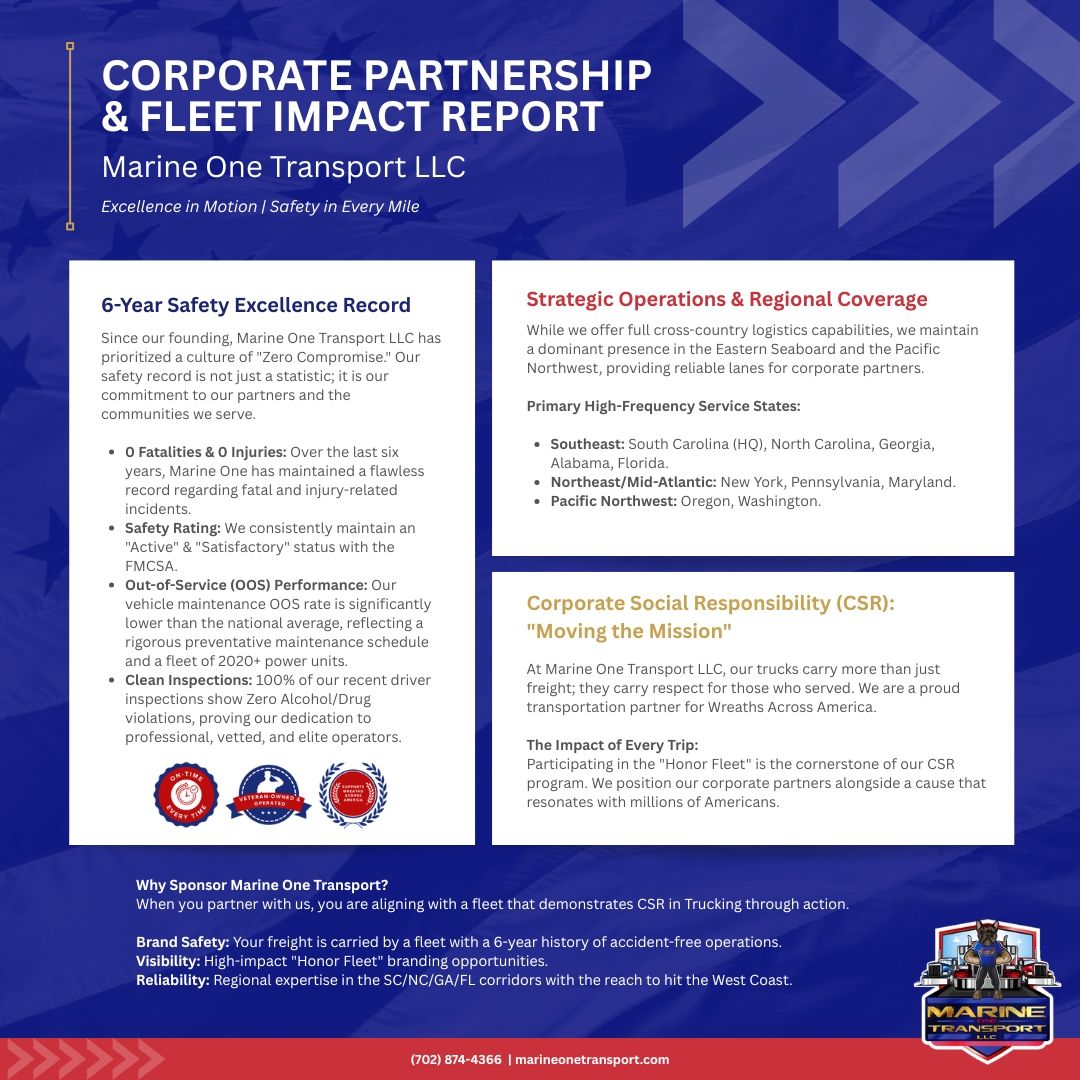 Marine One Transport Corporate Partnership and Fleet Impact Report infographic detailing a flawless 6-year safety record, strategic regional coverage across the Eastern Seaboard and Pacific Northwest, and corporate social responsibility alignment