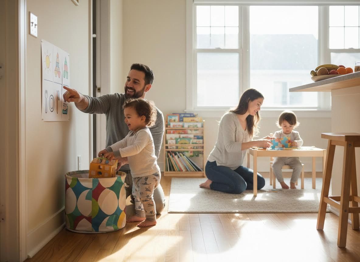 Parents and toddlers playing together at home