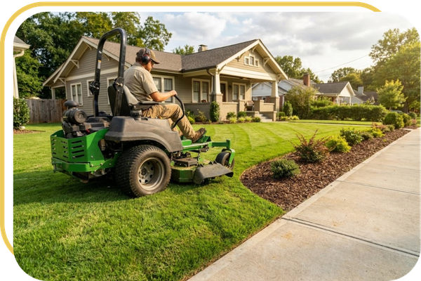 Professional commercial mower providing precision lawn care with clean-cut edges on a residential East Point lawn