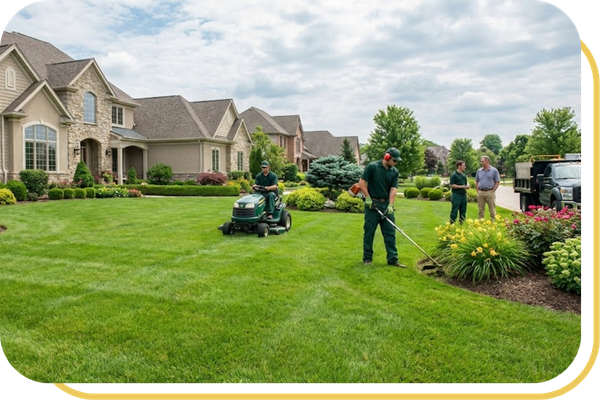 Professional landscaping crew providing expert lawn maintenance and customer service for an upscale suburban home