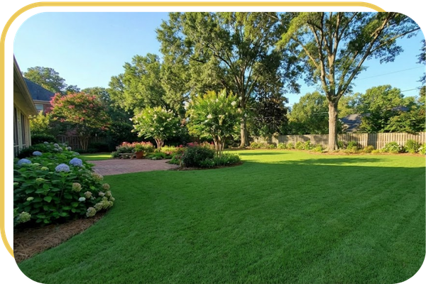 A vibrant weed-free green lawn in a sunny Atlanta backyard showcasing the results of professional fertilization