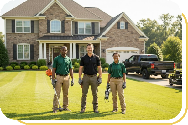 A dedicated and professional landscaping crew standing by their service truck ready to serve Union City homeowners