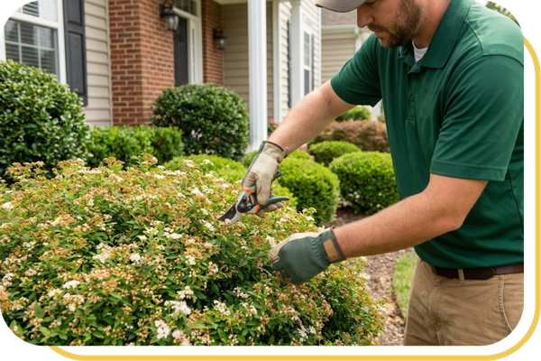 Landscape professional carefully pruning and detailing ornamental shrubs to enhance a home's curb appeal