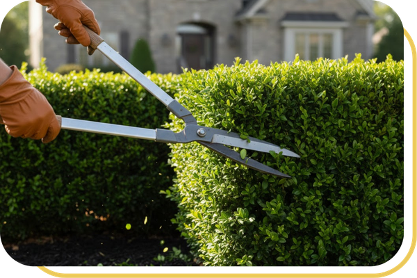 Professional gardener using hedge shears to prune and shape landscape greenery for improved curb appeal