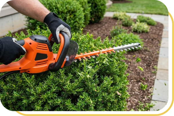 professional electric hedge trimmers being used to shape landscape shrubs for a clean exterior look