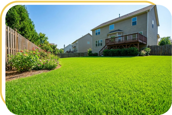 A vibrant, weed-free green lawn in a sunny Georgia backyard showcasing the results of expert fertilization