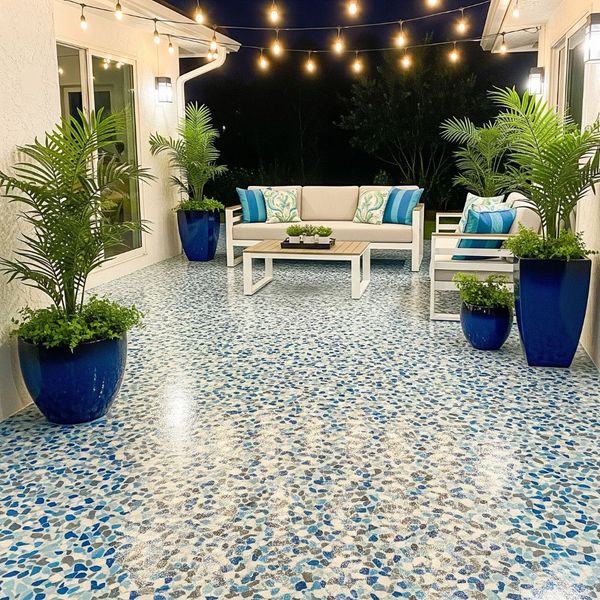 An inviting outdoor patio featuring a beautiful, custom decorative chip floor coating.